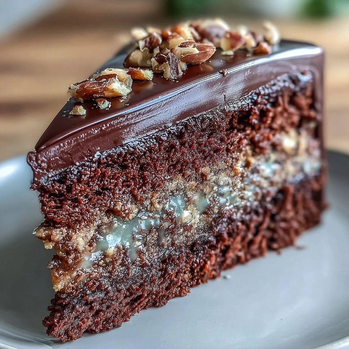 A slice of Chocolate Celebration Cake reveals moist olive oil layers, glossy dark ganache, and crunchy hazelnut praline topping.