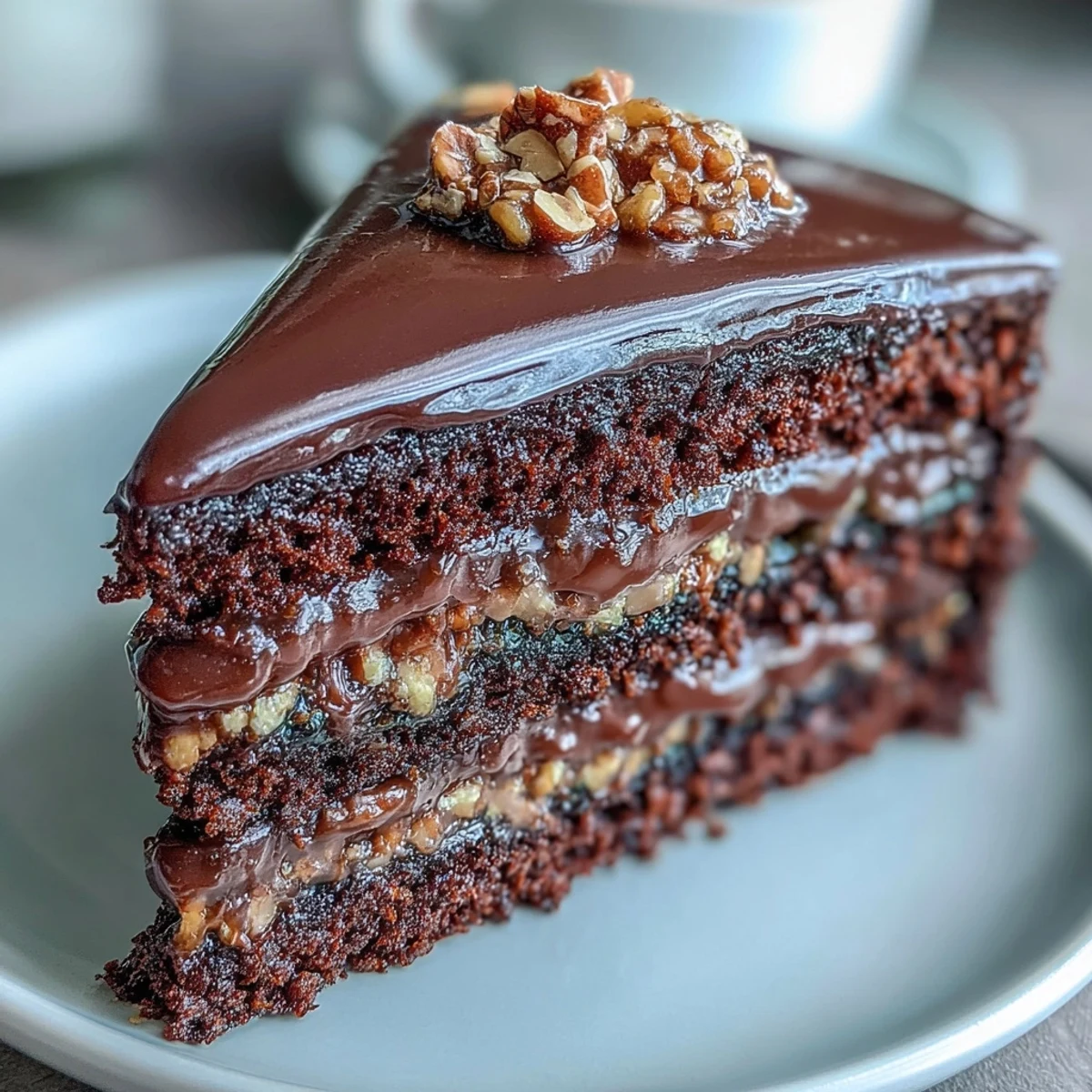 Freshly baked Chocolate Celebration Cake shows moist crumb, rich ganache coating, and sparkling hazelnut praline shards for texture.