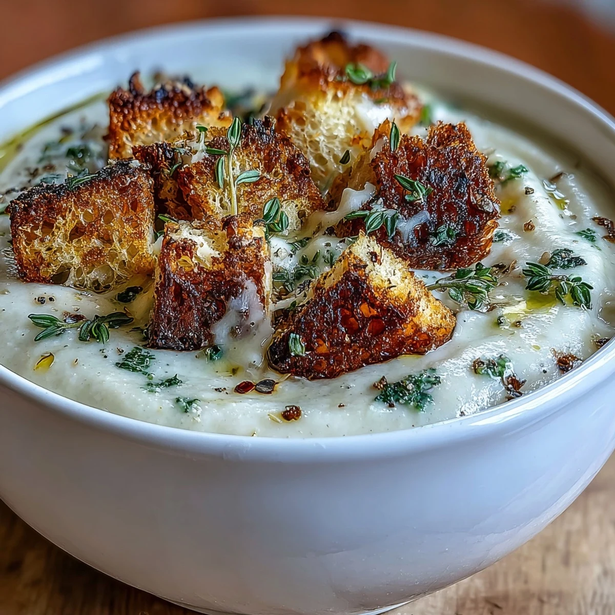 A bowl of creamy Cauliflower and Broccoli Soup topped with golden homemade croutons. 