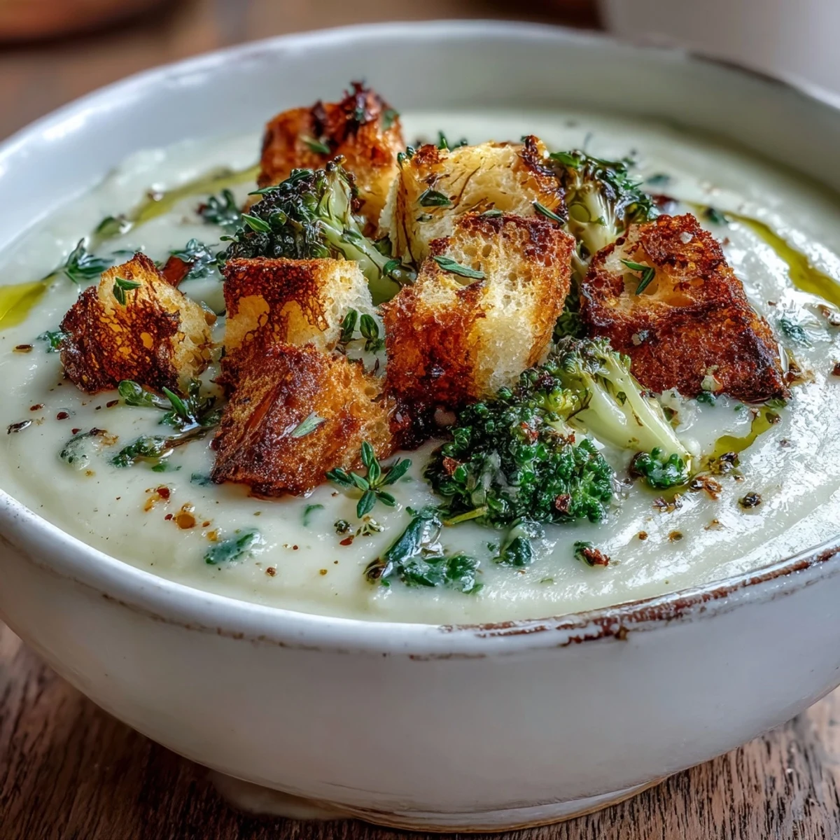 Vibrant green Cauliflower and Broccoli Soup garnished with fresh croutons and thyme.