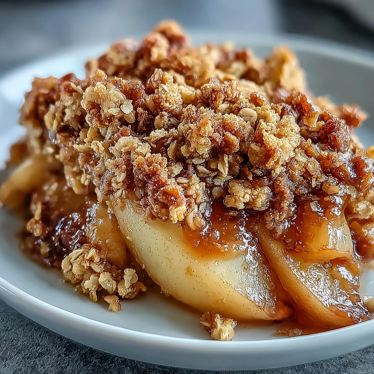 Golden baked Pear Crumble bubbling in a dish, topped with a thick, crunchy crumble, ready for a scoop of vanilla ice cream.