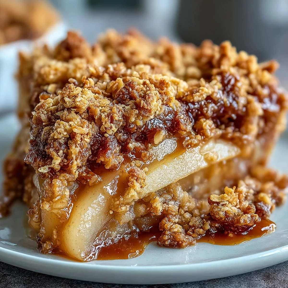 Freshly baked Pear Crumble cooling on a rack, showing tender pear filling and a golden oat topping, perfect for dessert.