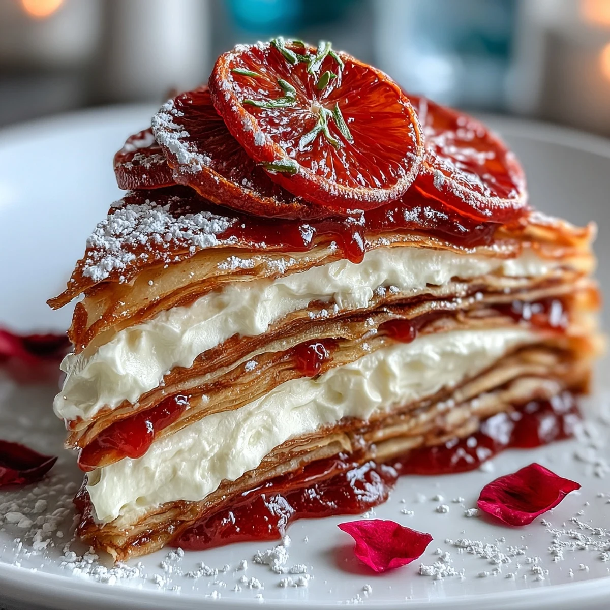 Blood Orange Curd Crêpe Cake shows alternating whipped cream and curd layers on a serving platter, garnished with orange slices.