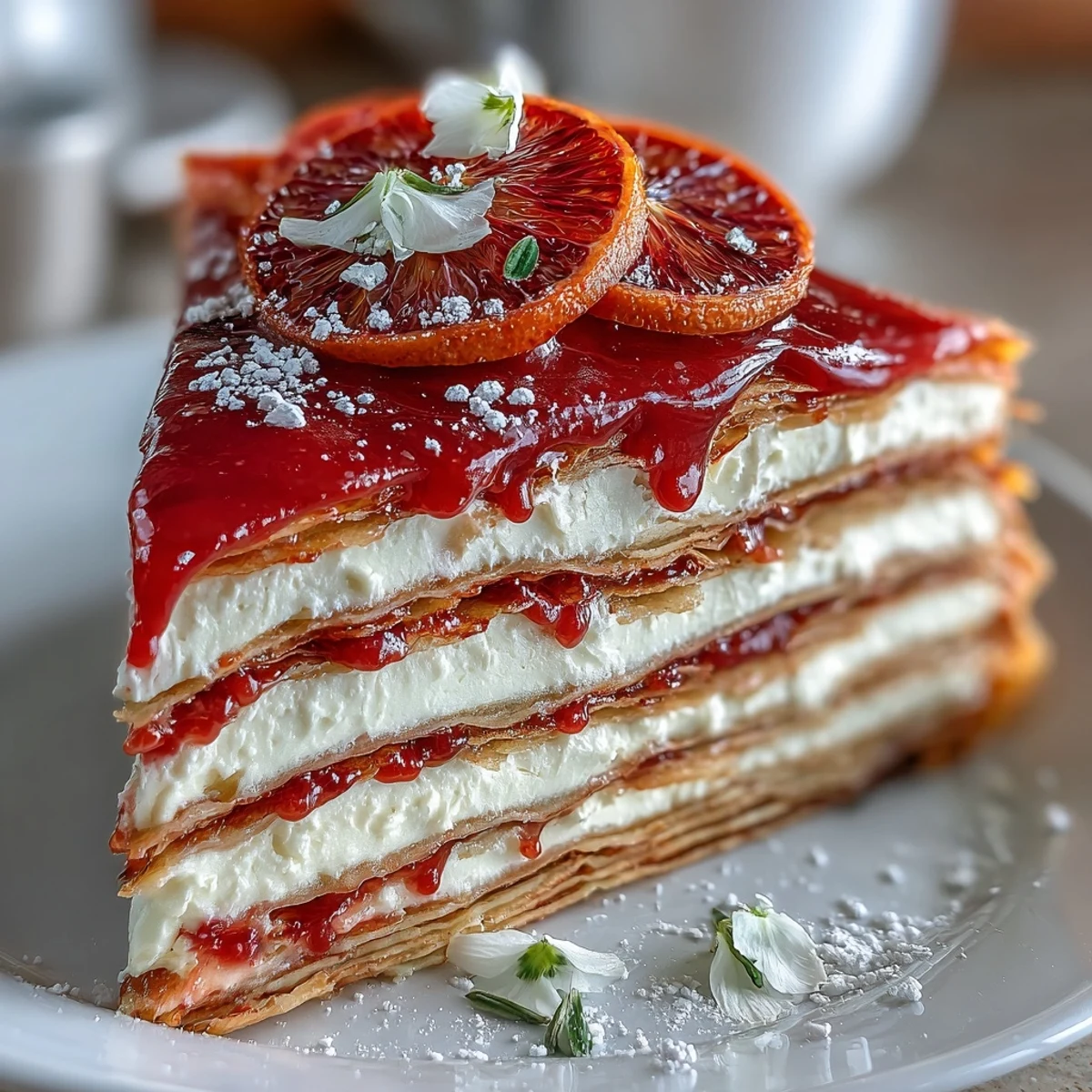 A plated slice of Blood Orange Curd Crêpe Cake highlights bright citrus curd, whipped cream, and delicate crêpe layers.
