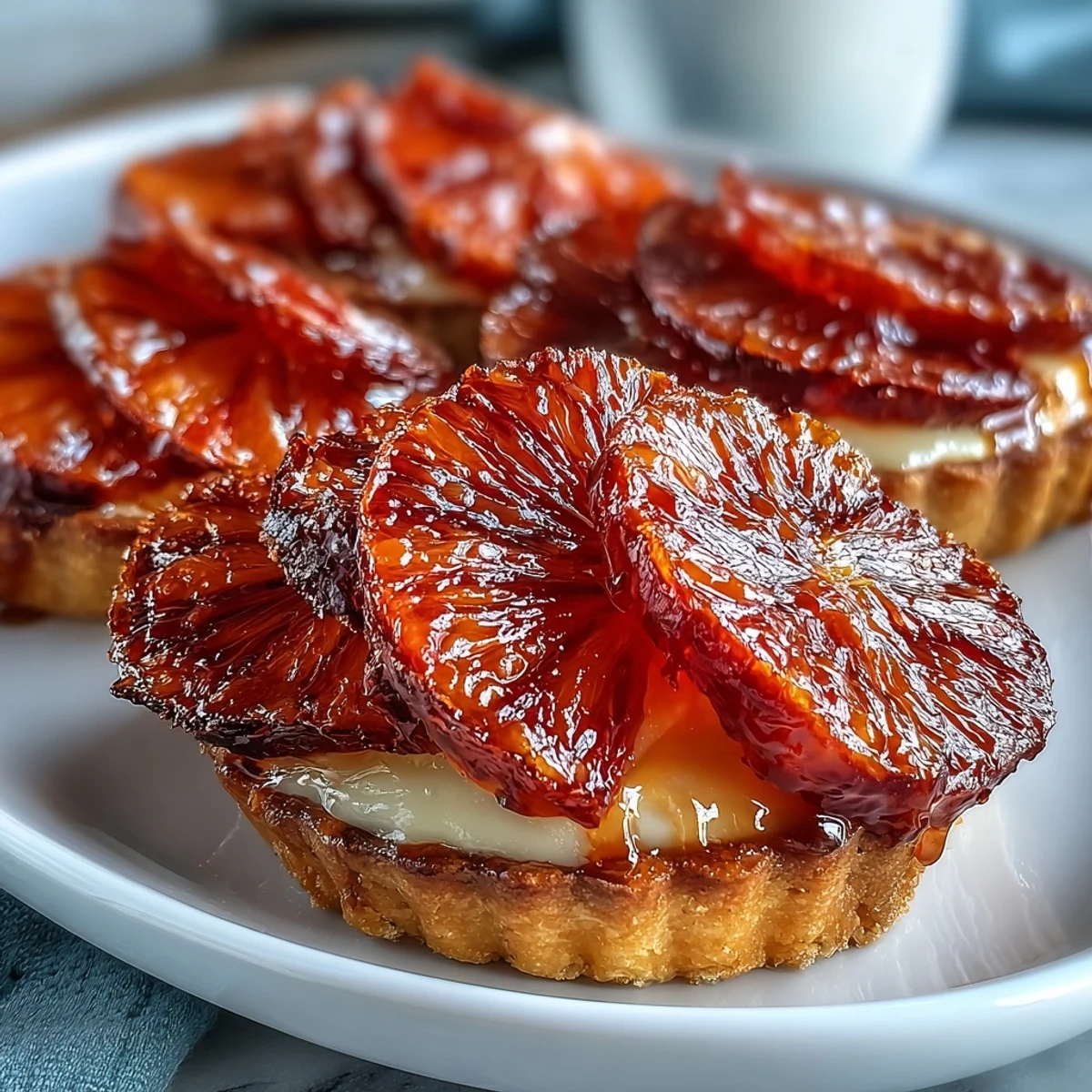 Bright Blood Orange Tarts on a blue plate showcase textured crusts and rich vanilla custard topped with tangy fruit.