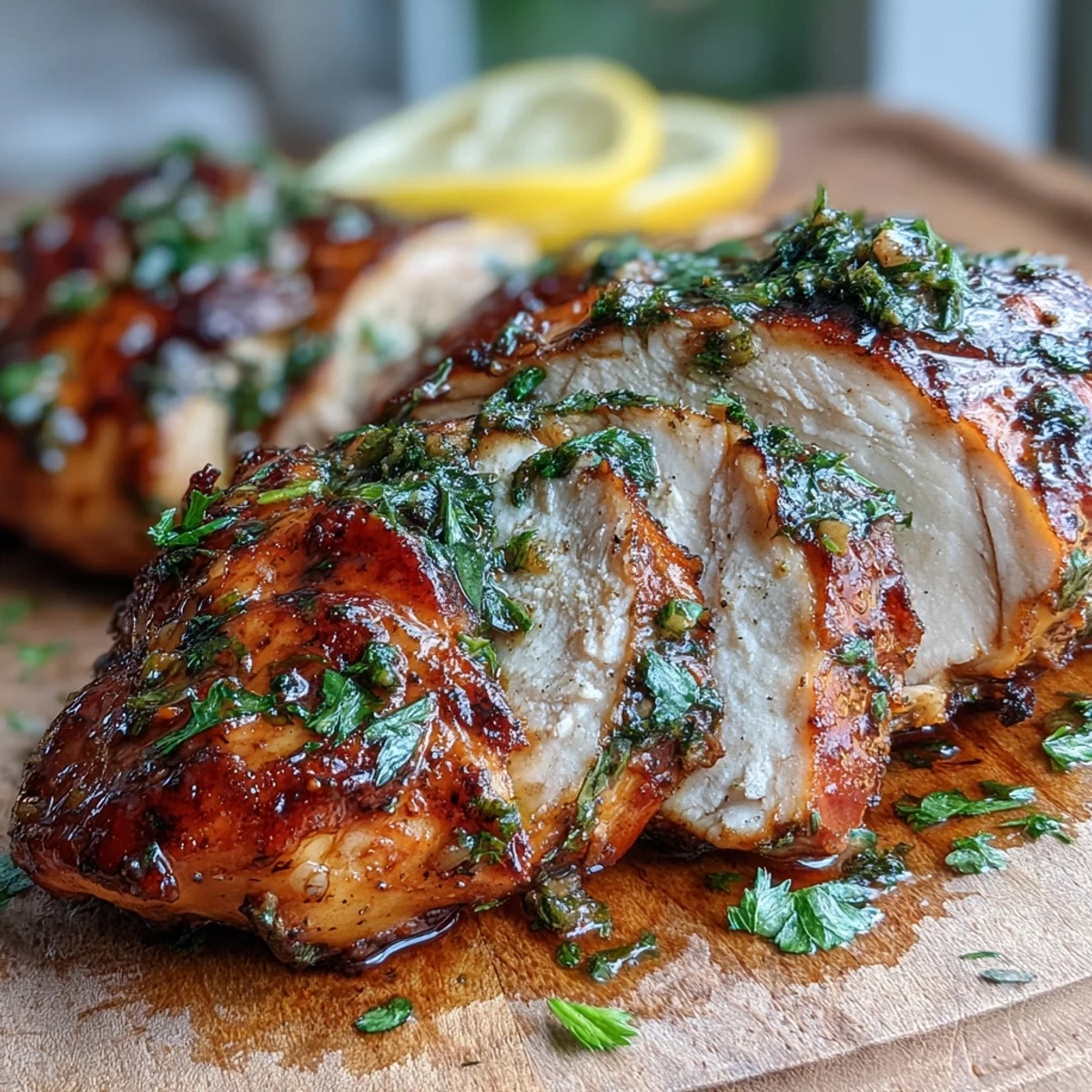 Golden-brown Oven Baked Chicken Breast seasoned with herbs and served warm with lemon slices.