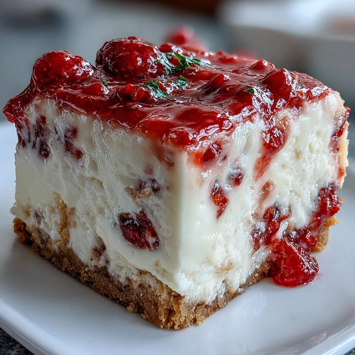 A perfectly sliced piece of White Chocolate Raspberry Cheesecake Bliss reveals a rich, creamy filling and tangy red swirls.