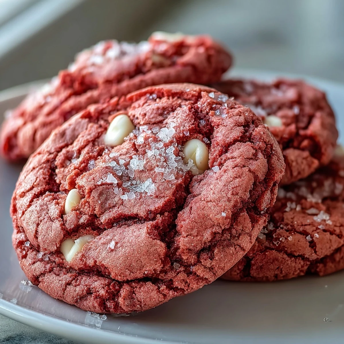 Freshly baked Pink Velvet Cookies with vibrant pink hue and creamy white chocolate chips on a cooling rack.