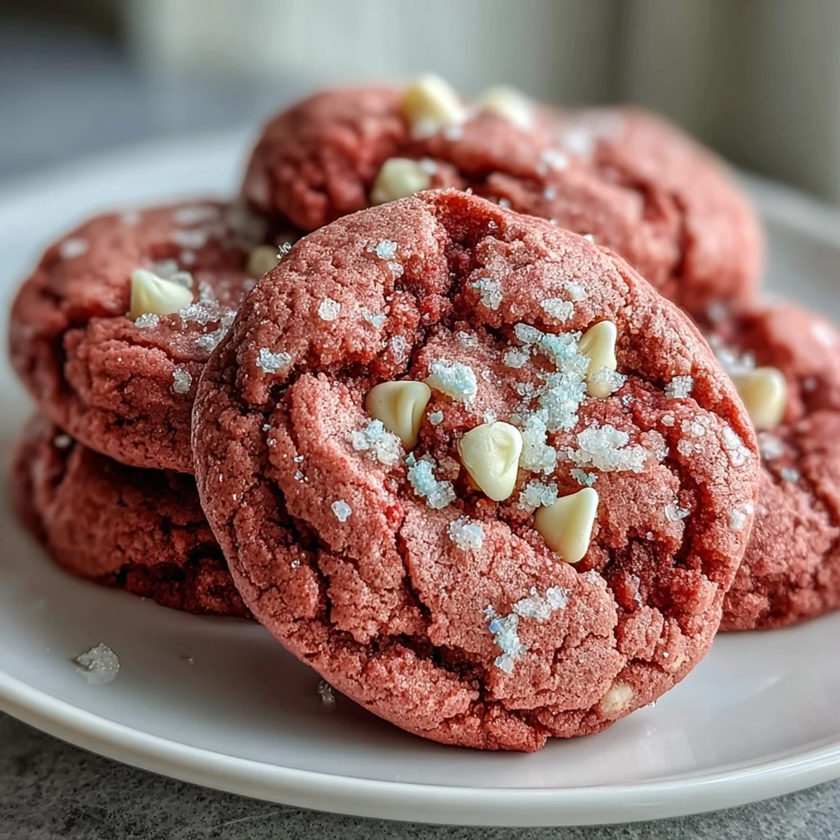 Glossy Pink Velvet Cookies studded with white chocolate chips, served on a decorative platter for a festive party.