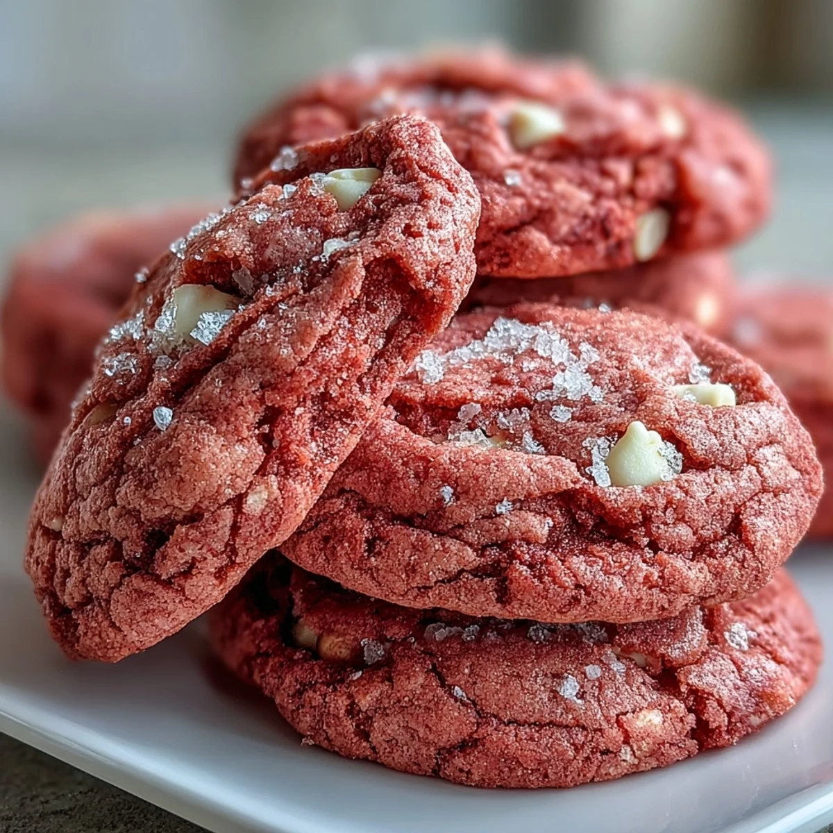 Warm Pink Velvet Cookies with soft centers and melty white chocolate chips, stacked on a wire cooling rack.