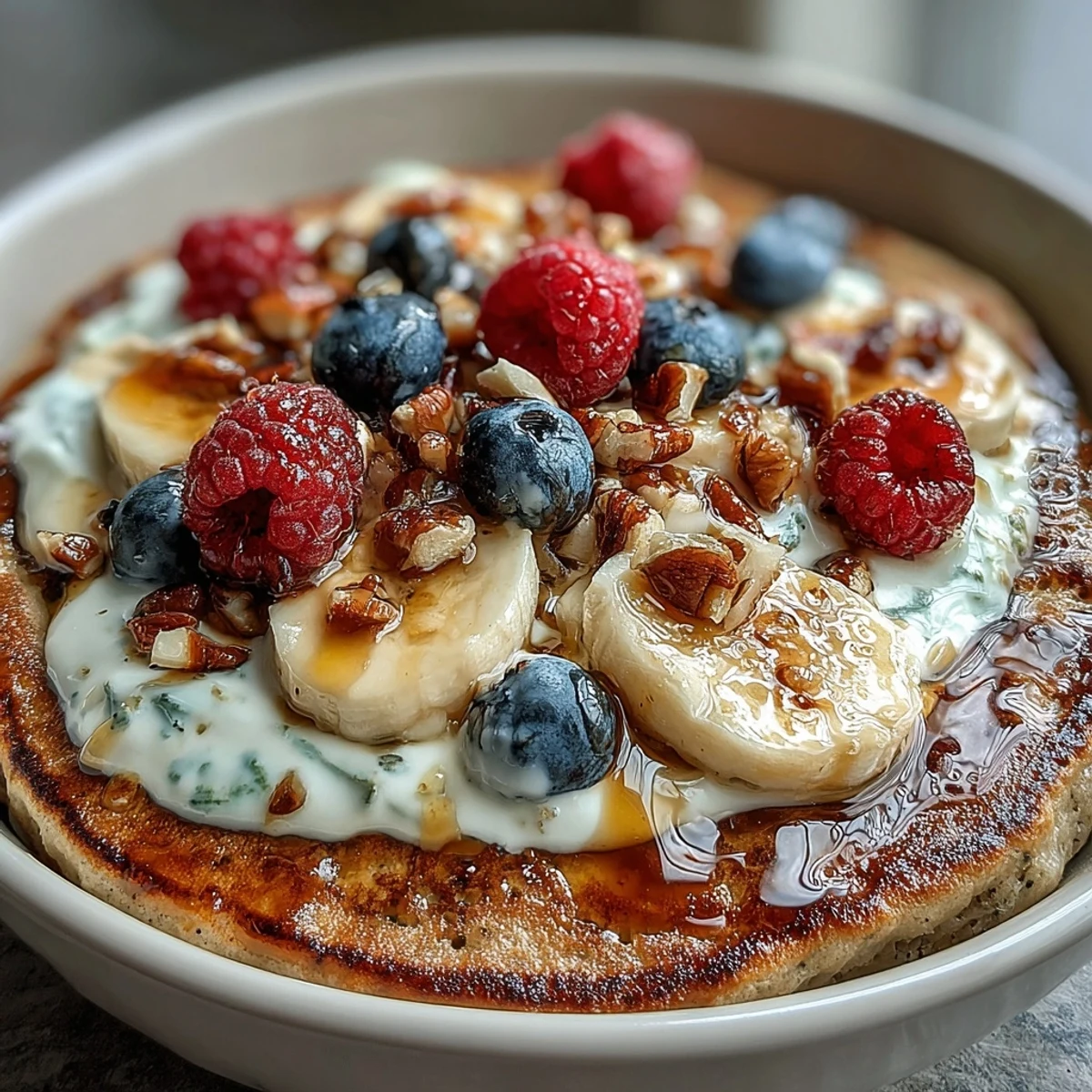Protein Pancake Bowl filled with banana pancakes, berries, nuts, and a sweet honey drizzle, served in a white ceramic bowl for breakfast.