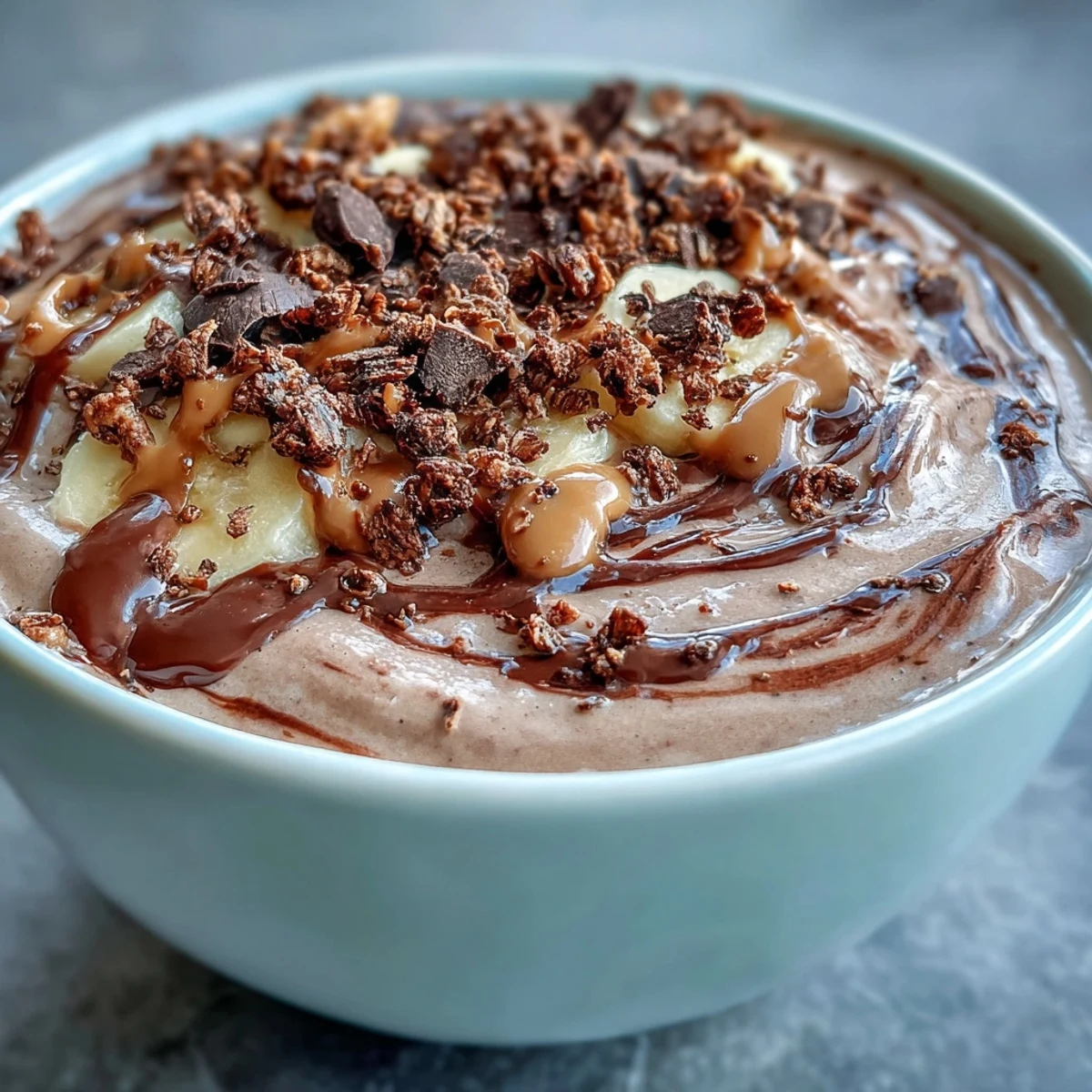 Healthy Chocolate Peanut Butter Smoothie Bowl with thick Greek yogurt base, banana slices, and crunchy granola toppings.