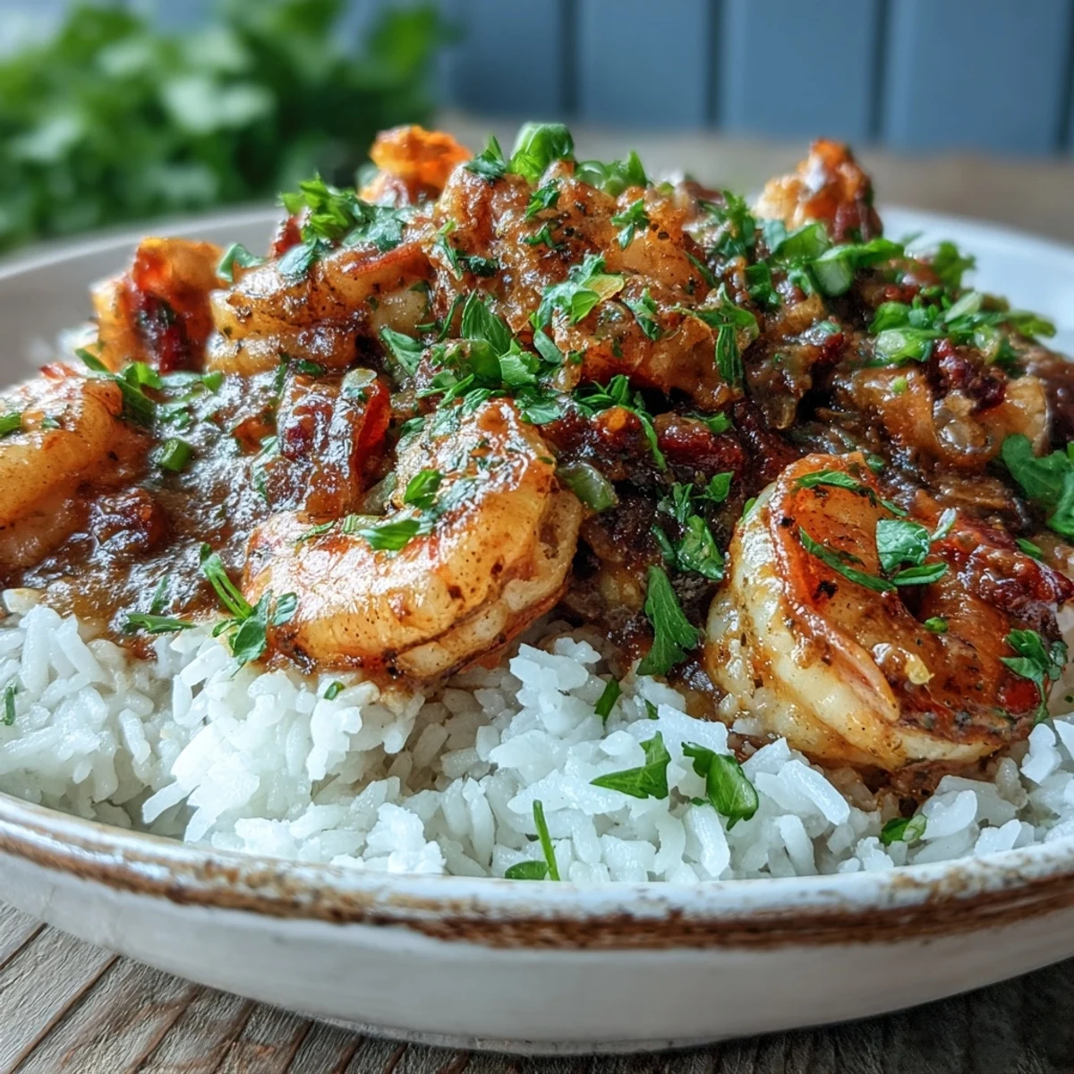 Close-up of Classic New Orleans Étouffée with plump shrimp in a dark roux over fluffy white rice.