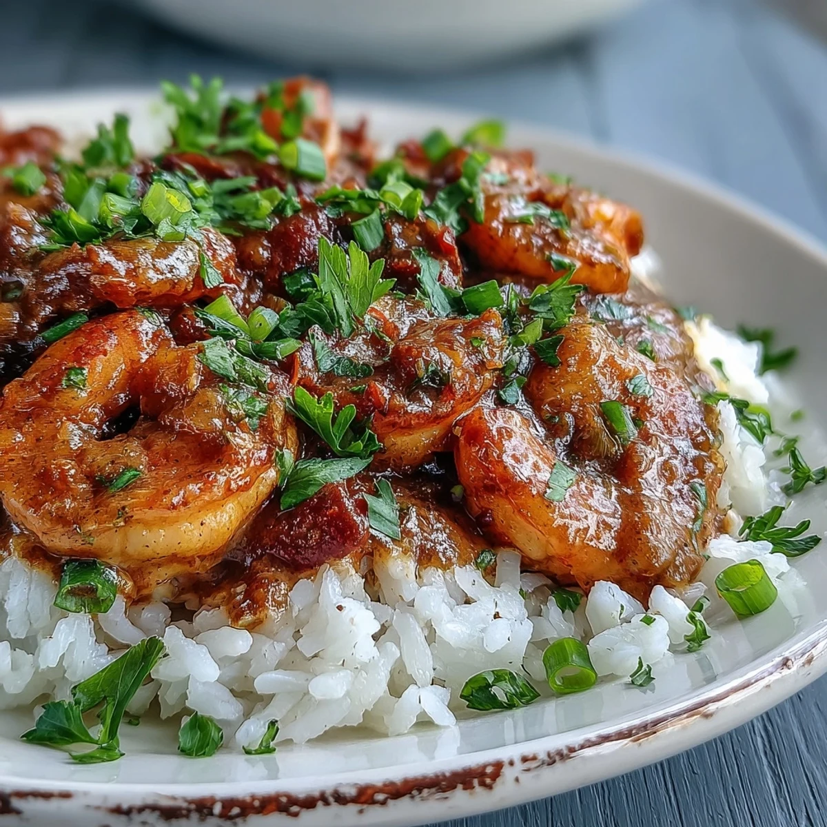 Spicy Classic New Orleans Étouffée served hot with parsley and green onions, ready for dinner.