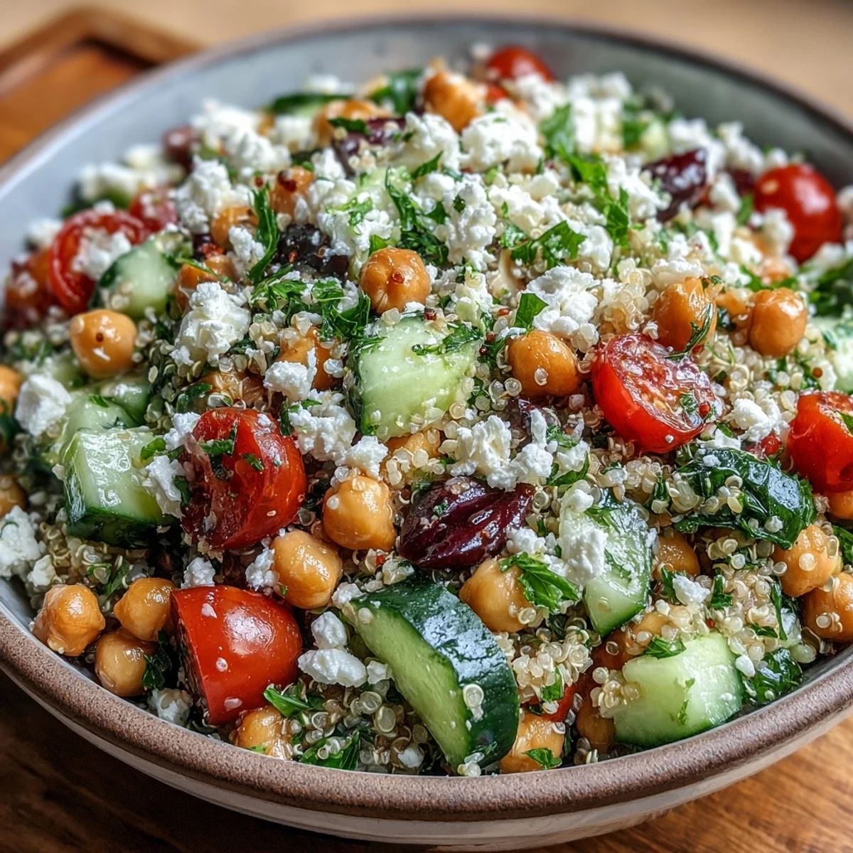Freshly cooked quinoa, vibrant cherry tomatoes, diced cucumber, and chickpeas are tossed with crumbled feta in this High Protein Quinoa & Chickpea Salad.