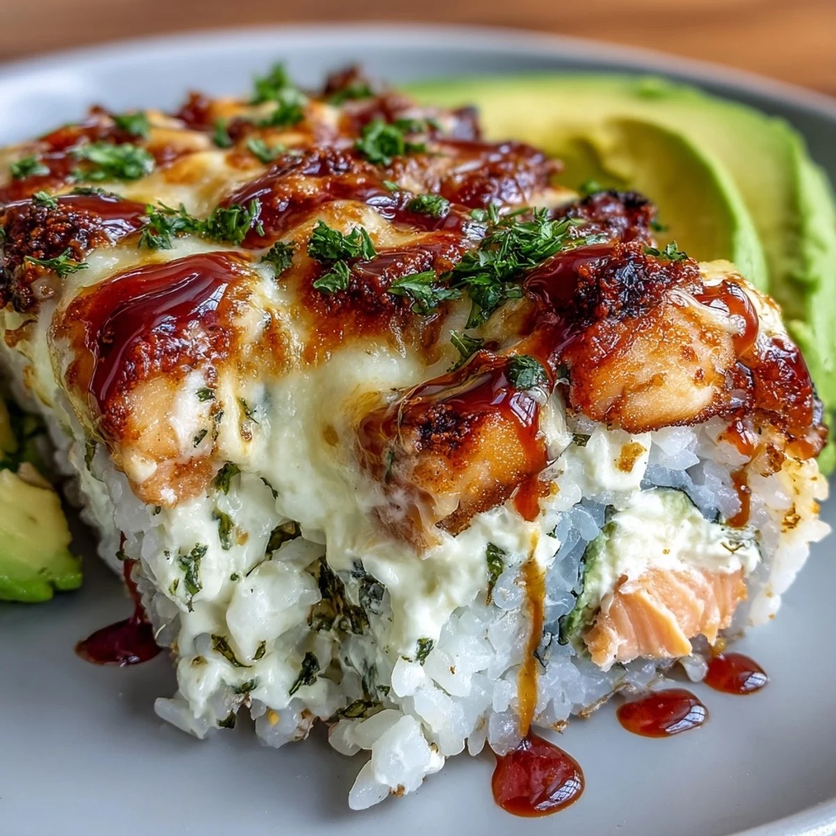 Freshly baked spicy salmon sushi bake in a white dish, topped with creamy avocado slices, sesame seeds, and a drizzle of spicy mayo.