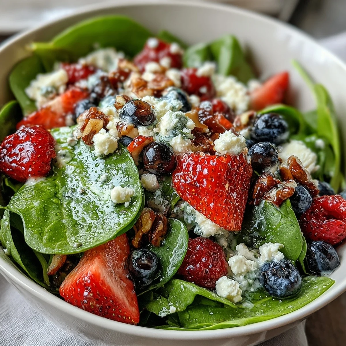 Bright red onions and crumbled goat cheese add color and tang to a refreshing spinach and berry salad bowl.