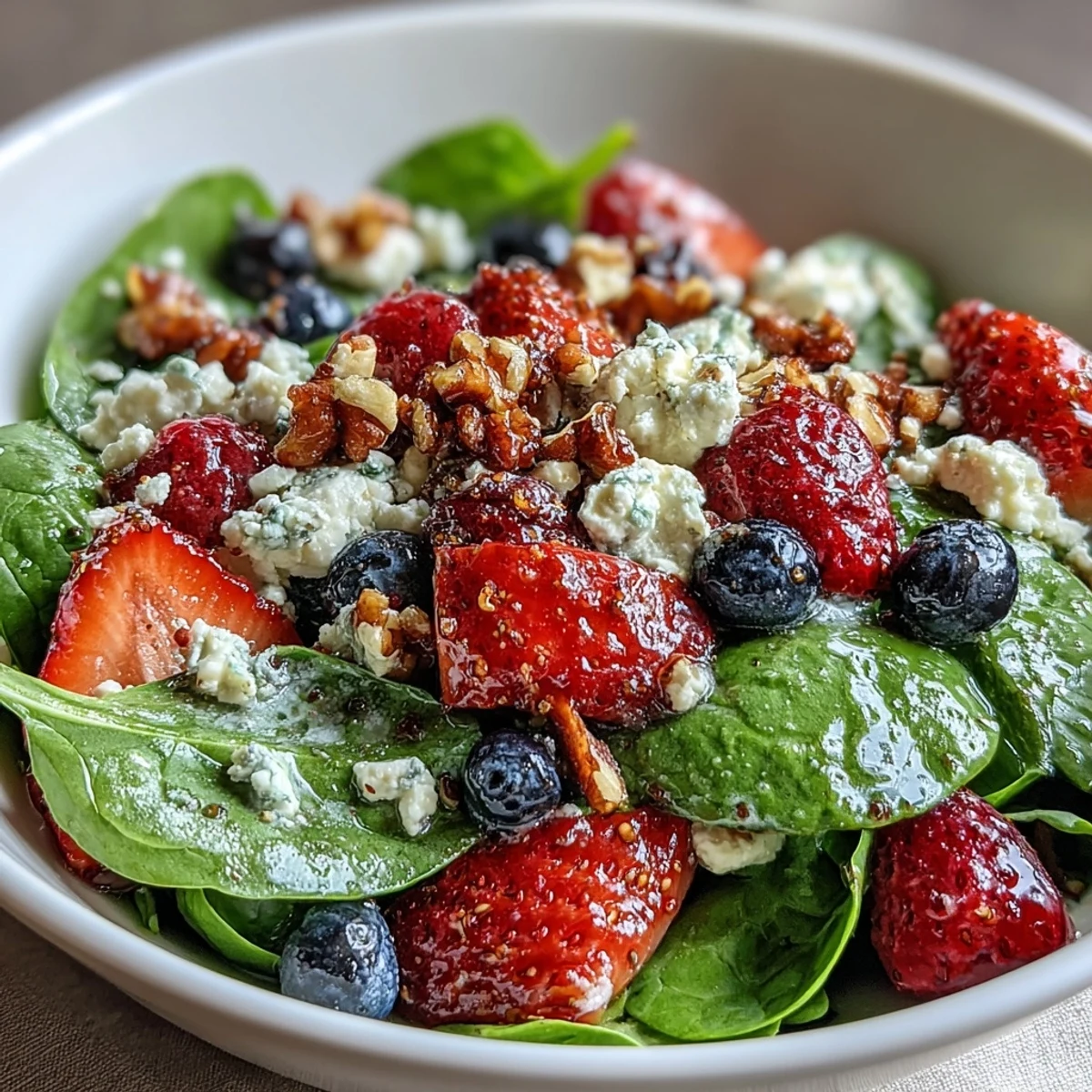 Fresh spinach, juicy mixed berries, creamy goat cheese, and toasted walnuts tossed in a tangy bignamic vinaigrette.