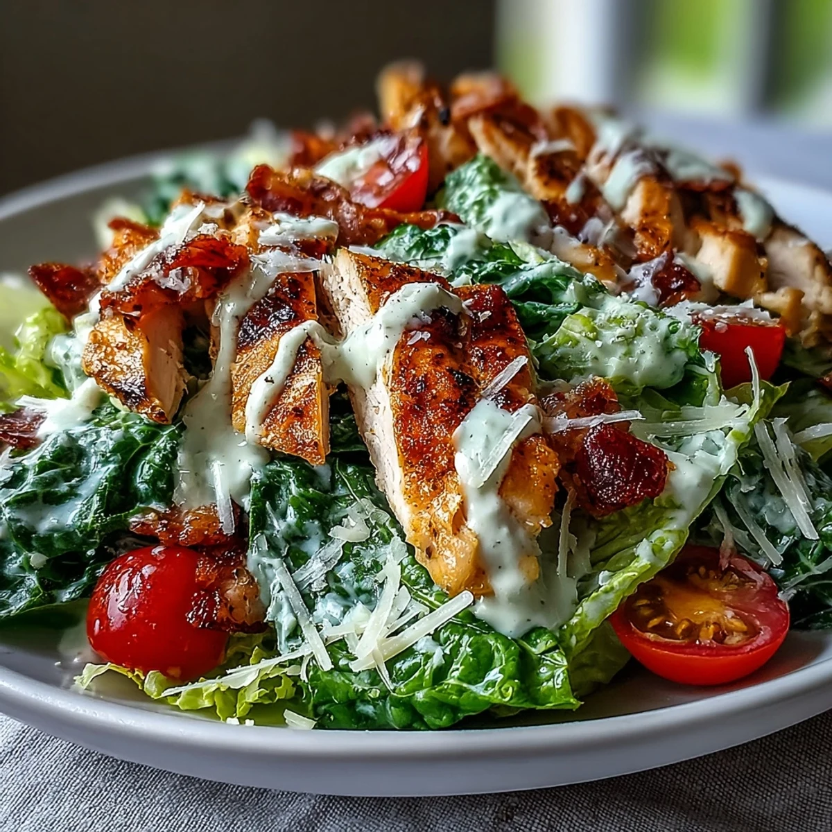 A close-up of a Romaine Caesar Bowl with grilled chicken, homemade croutons, and shaved Parmesan on crisp greens.  