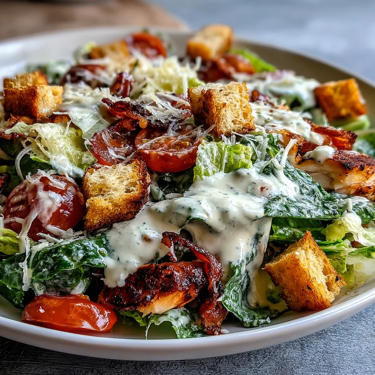 The hearty Romaine Caesar Bowl features roasted chickpeas, fresh romaine, and golden croutons on a marble counter.