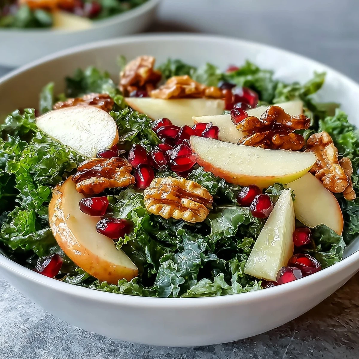 Bright bowl of massaged kale topped with crisp apple slices, juicy pomegranate seeds, and crunchy walnuts, drizzled with tangy apple cider vinegar dressing.