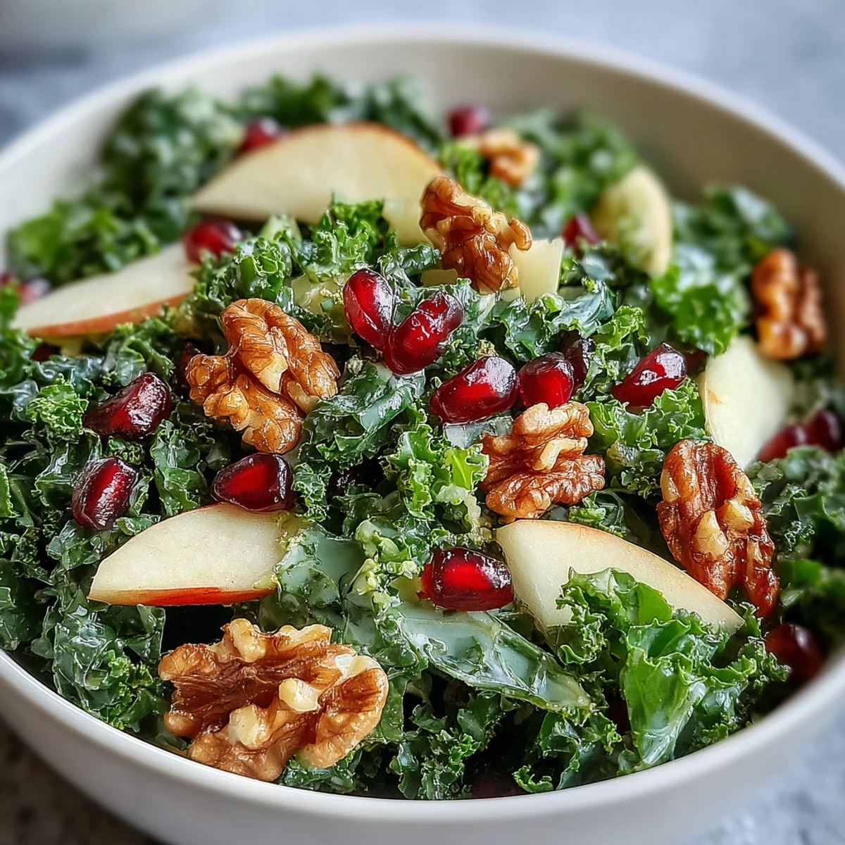 Healthy Kale and Pomegranate Bowl featuring emerald kale, ruby seeds, and walnuts tossed in zesty dressing, ready for a quick 15-minute meal.