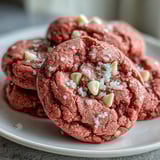 Glossy Pink Velvet Cookies studded with white chocolate chips, served on a decorative platter for a festive party.