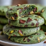 Vibrant green pistachio pudding cookies with chopped nuts and white chocolate chips, soft and chewy for St. Patrick's Day celebrations.