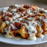 Fluffy Cinnamon Roll Waffles featuring a warm, swirled spiced center and sweet glaze.