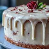 Decadent rosé-infused velvet cake for a bridal shower, topped with luscious gold metallic drip.