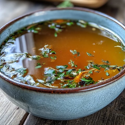 Homemade vegetable broth from scraps simmers in a large pot with bay leaves and peppercorns