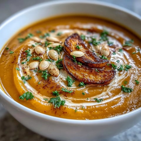 Creamy Butternut Squash and Apple Soup served in a rustic bowl, garnished with toasted pumpkin seeds and a drizzle of heavy cream.