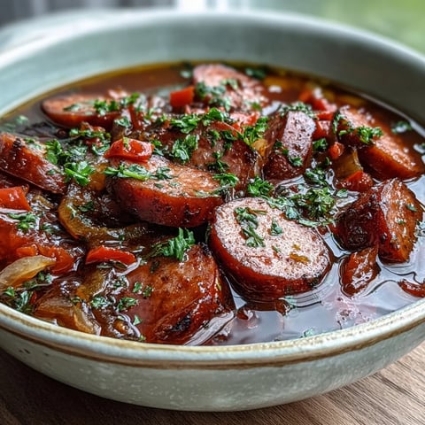 Steaming Crock Pot BBQ Cocktail Sausage Soup with tender sausages, peppers, and onions in a rich, tangy broth.