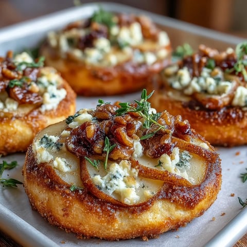 Twelve golden, crisp mini pizzas topped with sweet pear slices, crumbled Gorgonzola, and tangy pickled walnuts.