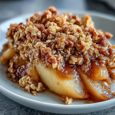Golden baked Pear Crumble bubbling in a dish, topped with a thick, crunchy crumble, ready for a scoop of vanilla ice cream.