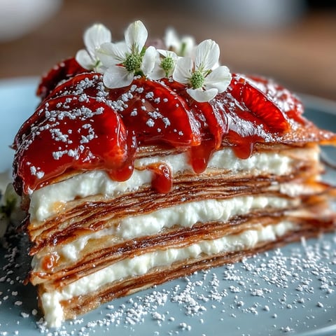 Freshly sliced Blood Orange Curd Crêpe Cake reveals thin, golden crêpe layers and creamy orange filling on a white plate.
