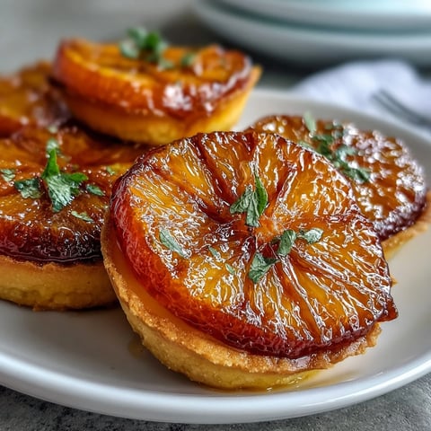 Six vibrant Blood Orange Tarts with silky vanilla custard and crisp, golden shells sit on a white marble countertop.