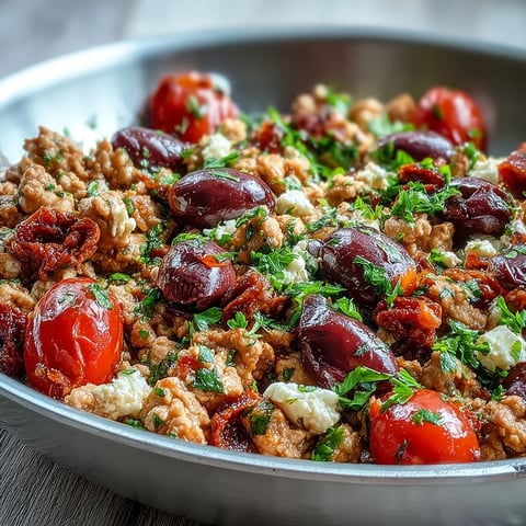 Freshly chopped parsley and crumbled feta top this Mediterranean Keto Ground Chicken Skillet with Kalamata olives and tomatoes.