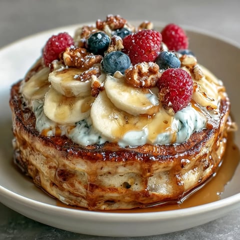 A warm Protein Pancake Bowl with fluffy golden pancakes topped with creamy Greek yogurt, fresh berries, sliced banana, and crunchy walnuts.