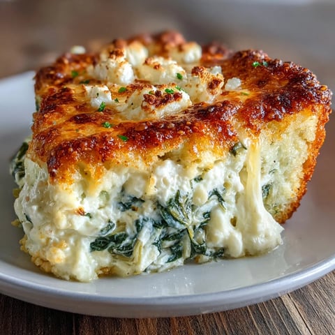 Golden-brown High Protein Spinach Artichoke Bake bubbling with creamy cottage cheese and feta.