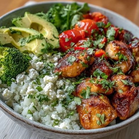Golden-brown seasoned chicken and vibrant red bell peppers sit atop a bed of fluffy cauliflower rice in this Cauliflower Rice Bowl, garnished with fresh cilantro.
