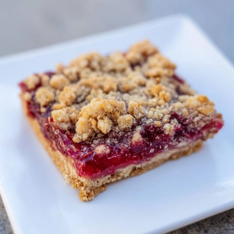 Freshly-baked Simple Homemade Strawberry Jam Squares, showing a golden, buttery crust with a sweet jam filling.