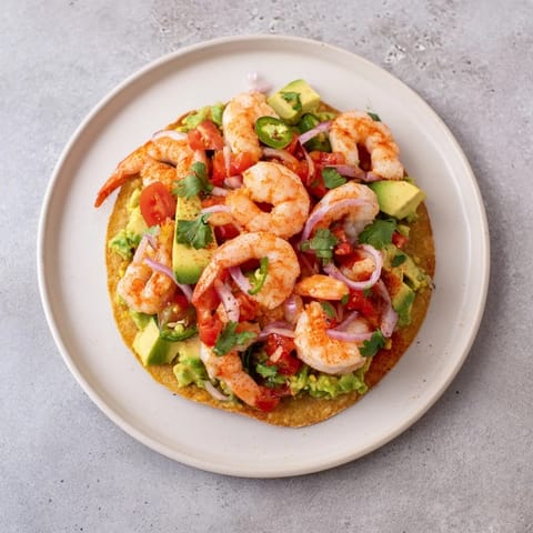 Juicy cooked shrimp atop creamy avocados are the stars of these flavorful Quick Shrimp and Avocado Tostadas.
