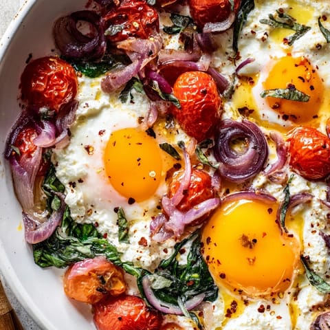 A close-up of baked feta eggs showcasing creamy feta and vibrant red tomatoes, ready to serve.