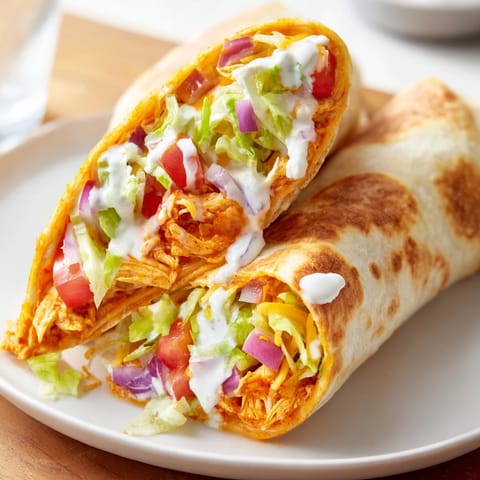 A delicious Buffalo Chicken Wrap, showcasing melty cheese, vibrant veggies, and tender chicken inside.