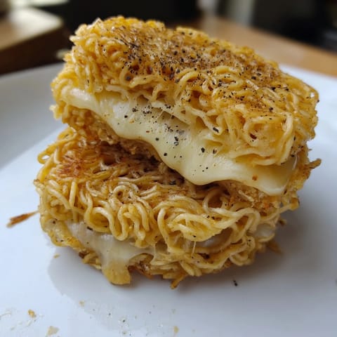 A close-up of a flavorful Ramen Grilled Cheese with perfectly toasted ramen "buns" and cheesy filling.