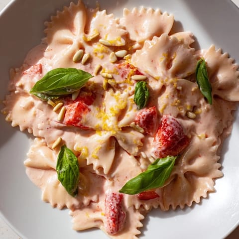 Creamy Strawberry Sour Cream Pasta, a summer main featuring sweet strawberries and tender pasta.