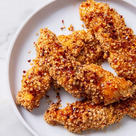 Perfectly cooked crispy panko chicken tenders, ready to be dipped and enjoyed with sweet, spicy honey.