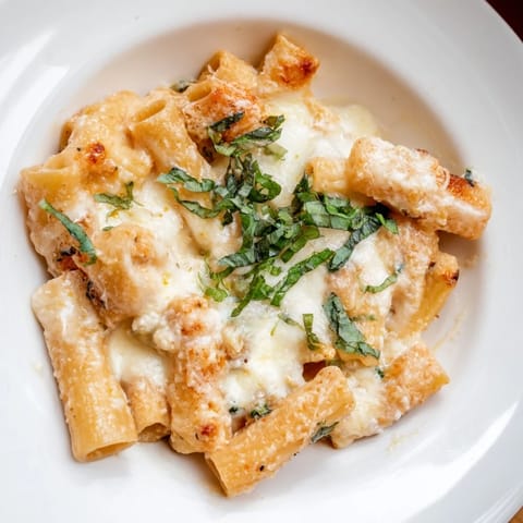 A close-up of melted mozzarella atop a steaming dish of Four Cheese Baked Pasta.