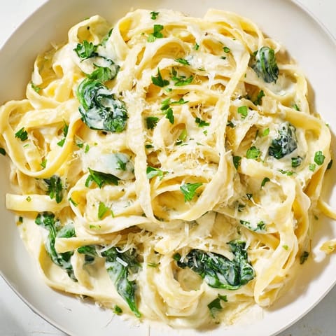 Vibrant plate of creamy spinach fettuccine Alfredo, ready for serving with fresh Parmesan cheese.